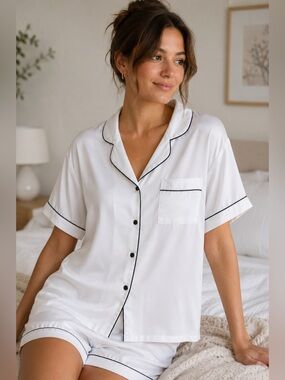 Ekouaer White Button Down Pajama Shirt with Notched Collar Women’s M